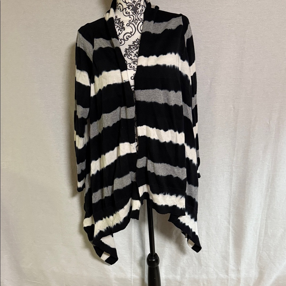 MICHAEL Michael Kors Black, White, and Gray Tie -Dye Striped Waterfall Cardigan
